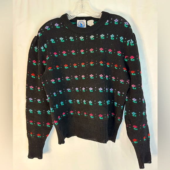 Mountain Goat White Stag VINTAGE Black + Floral Wool Sweater‎ | Sz LG - Picture 1 of 8